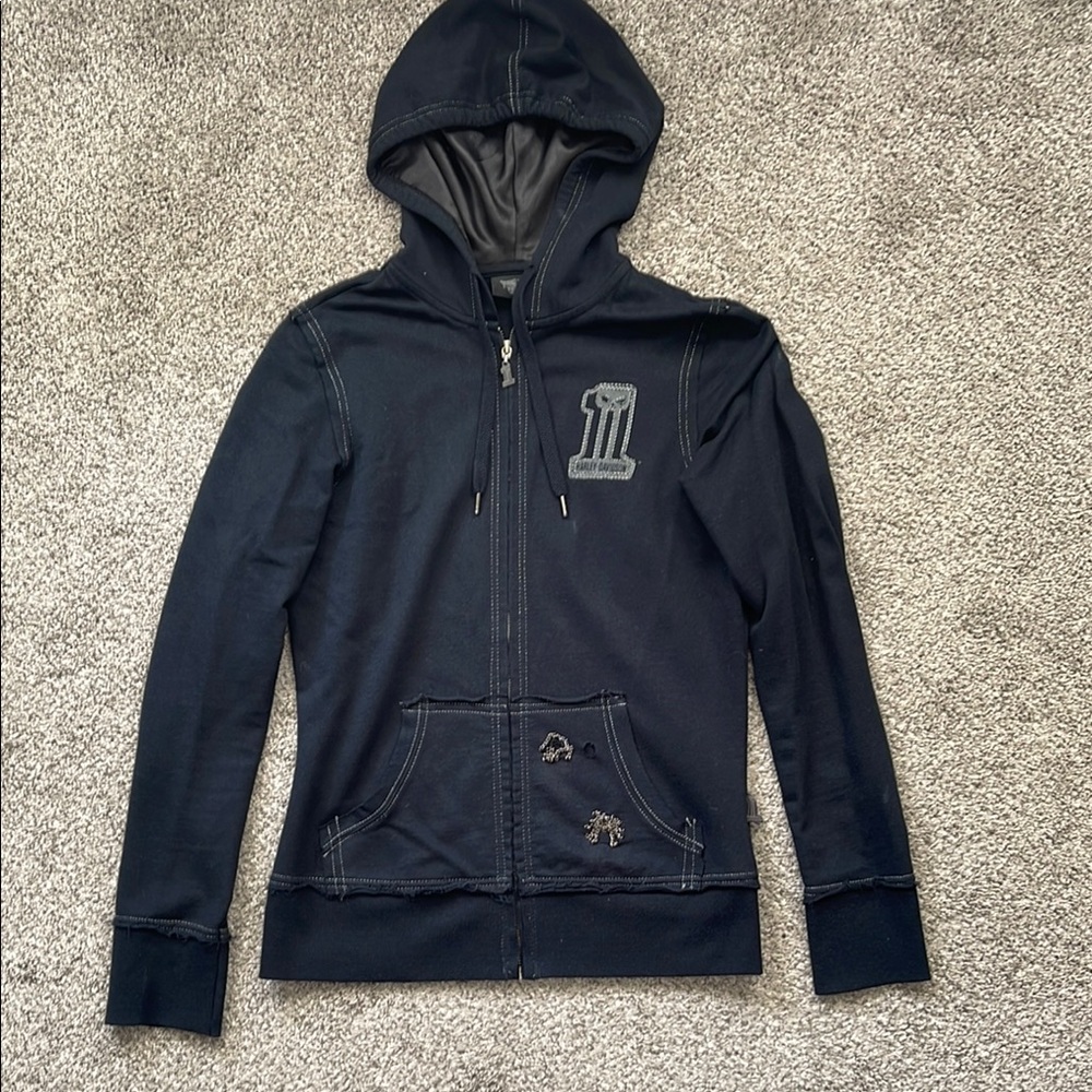Harley-Davidson Black Full-Zip Hooded Jacket with Contrast Stitching